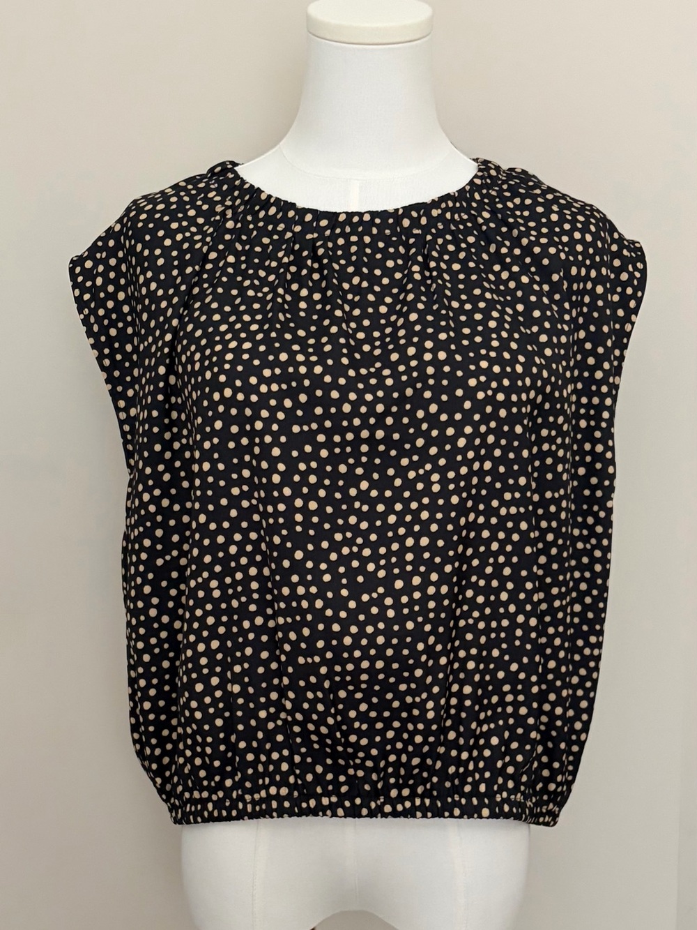 LOFT Black Cap Sleeve Tie Neck Blouse with Beige Polka Dots